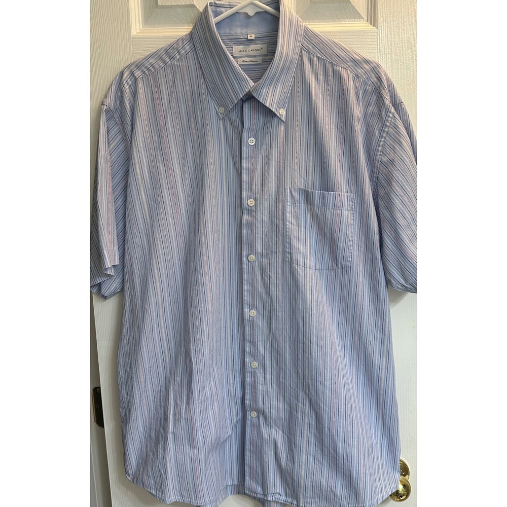 Alex Cannon Mens XL Short Sleeve Button Down Shirt Blue Striped Cotton RN 108949